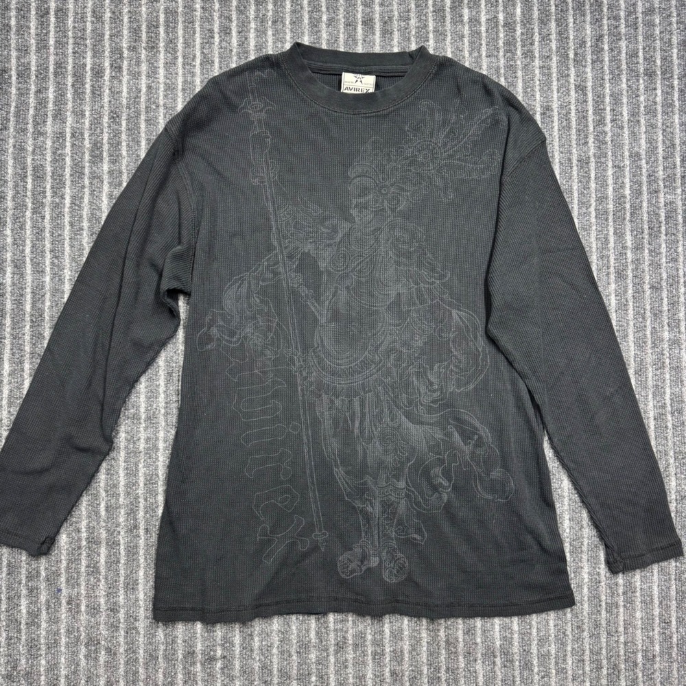 Avirex Women Large Thermal Shirt Black Graphic Knight Long Sleeve Waffle Knit